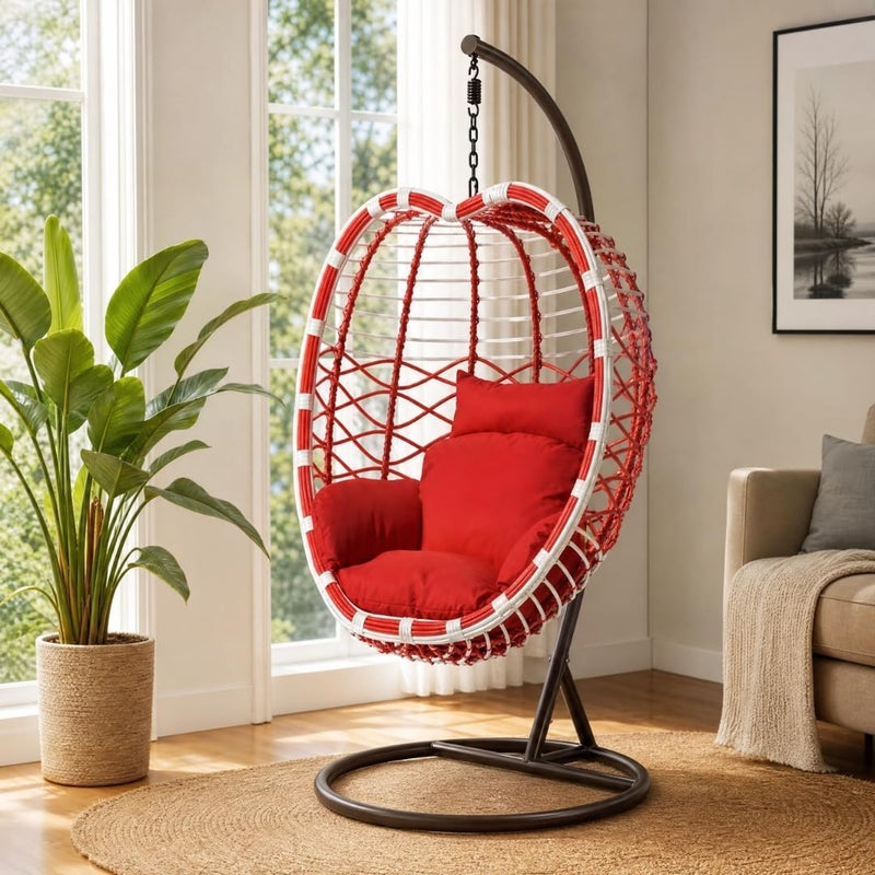 Hanging Egg Chair with Stand - Indoor Outdoor Rattan Swing Chair with Red Plush Cushion - Image 2