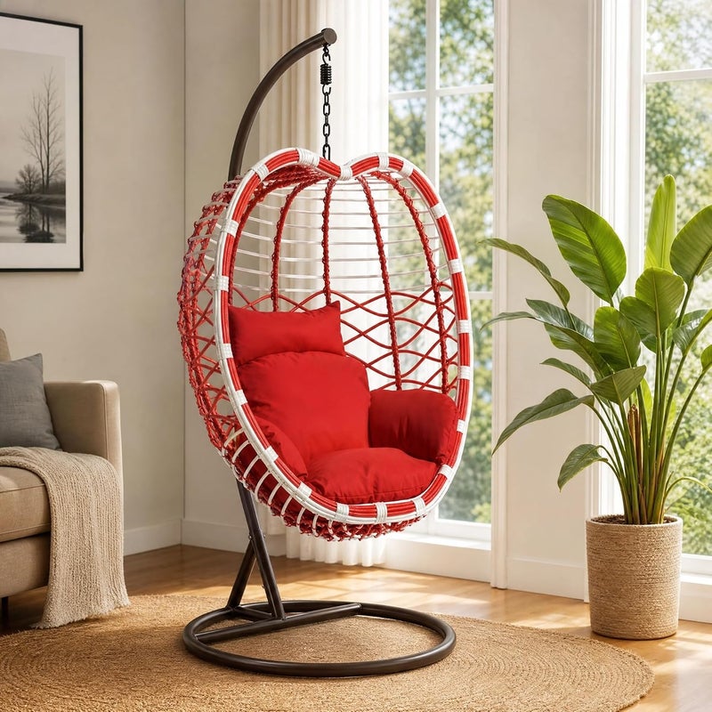 Hanging Egg Chair with Stand - Indoor Outdoor Rattan Swing Chair with Red Plush Cushion - Image 1