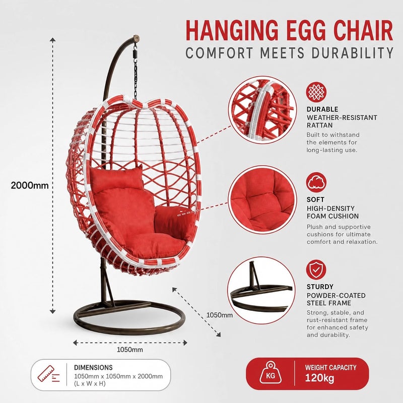 Hanging Egg Chair with Stand - Indoor Outdoor Rattan Swing Chair with Red Plush Cushion - Image 5