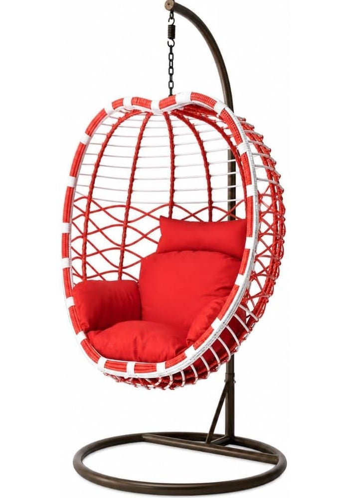 Hanging Egg Chair with Stand - Indoor Outdoor Rattan Swing Chair with Red Plush Cushion - Image 4