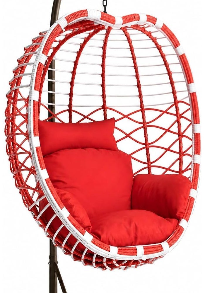 Hanging Egg Chair with Stand - Indoor Outdoor Rattan Swing Chair with Red Plush Cushion - Image 3
