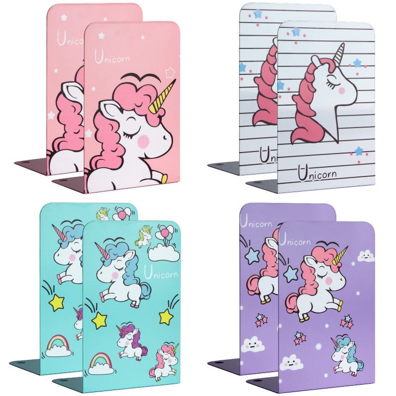 Zyners 8 Pieces Bookends Metal Bookends for Shelves NonSkid Heavy Duty Unicorn Cute Book Ends for Kids Girls Children53 x 4 x 75 inches