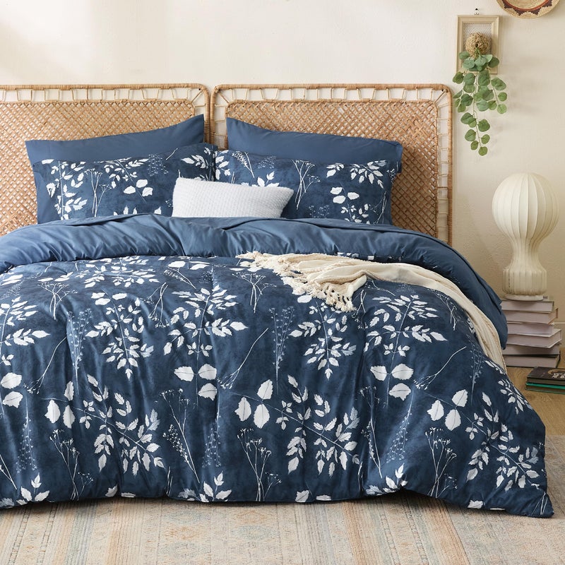 Bedsure Queen Comforter Set  7 Pieces Floral Navy Soft Bedding Sets Queen Bed in a Bag with Botanical Flowers Comforter Sheets Pillowcases  Shams