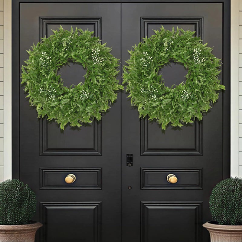 JDKPK 26 Inch Large Boxwoods Wreaths for Front Door Artificial Green Eucalyptus Leaves Greenery Indoor Outdoor Wreath Home Decor Porch Window Wall Farmhouse Door Decorations Spring Summer All Season - Image 2