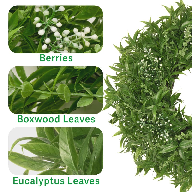 JDKPK 26 Inch Large Boxwoods Wreaths for Front Door Artificial Green Eucalyptus Leaves Greenery Indoor Outdoor Wreath Home Decor Porch Window Wall Farmhouse Door Decorations Spring Summer All Season - Image 5
