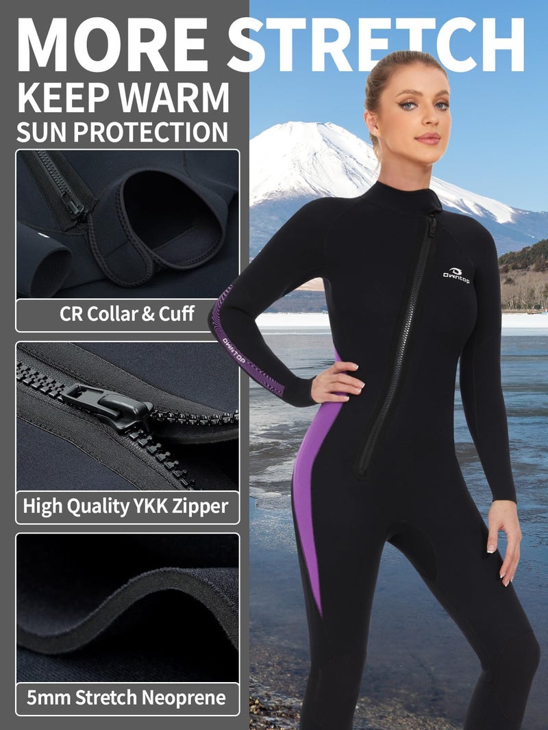 Owntop 5mm Wetsuit for Women - Long Sleeve Full Diving Suits Stretch One Piece Dive Skin UPF50+ Thermal Neoprene Swimwear Ideal for Scuba Surfing Snorkeling, Purple M - Image 3