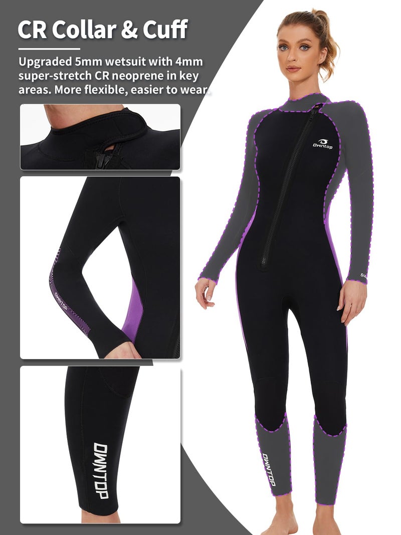 Owntop 5mm Wetsuit for Women - Long Sleeve Full Diving Suits Stretch One Piece Dive Skin UPF50+ Thermal Neoprene Swimwear Ideal for Scuba Surfing Snorkeling, Purple M - Image 5