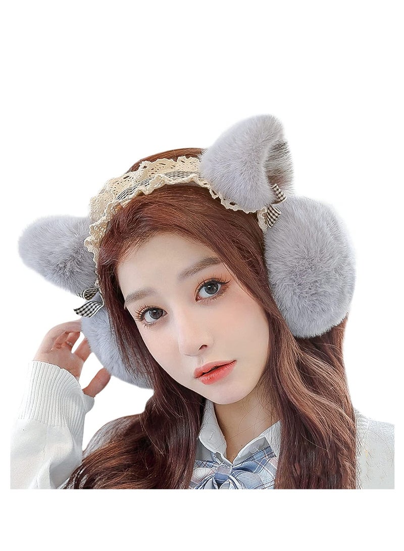 SYOSI Cozy Faux Fur Earmuffs, Winter Thermal Fleece Ear, Ladies Novelty Lace Cosplay Costume Cat Ear Foldable Headband Outdoor Ski Windproof Ear Wrap Protector(Grey) - Image 2