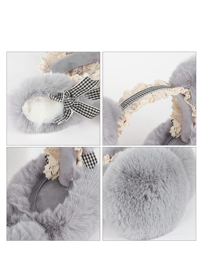 SYOSI Cozy Faux Fur Earmuffs, Winter Thermal Fleece Ear, Ladies Novelty Lace Cosplay Costume Cat Ear Foldable Headband Outdoor Ski Windproof Ear Wrap Protector(Grey) - Image 5