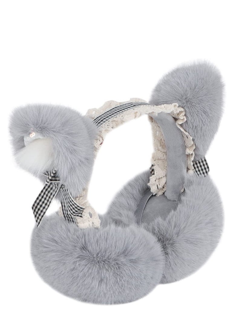 SYOSI Cozy Faux Fur Earmuffs, Winter Thermal Fleece Ear, Ladies Novelty Lace Cosplay Costume Cat Ear Foldable Headband Outdoor Ski Windproof Ear Wrap Protector(Grey) - Image 3