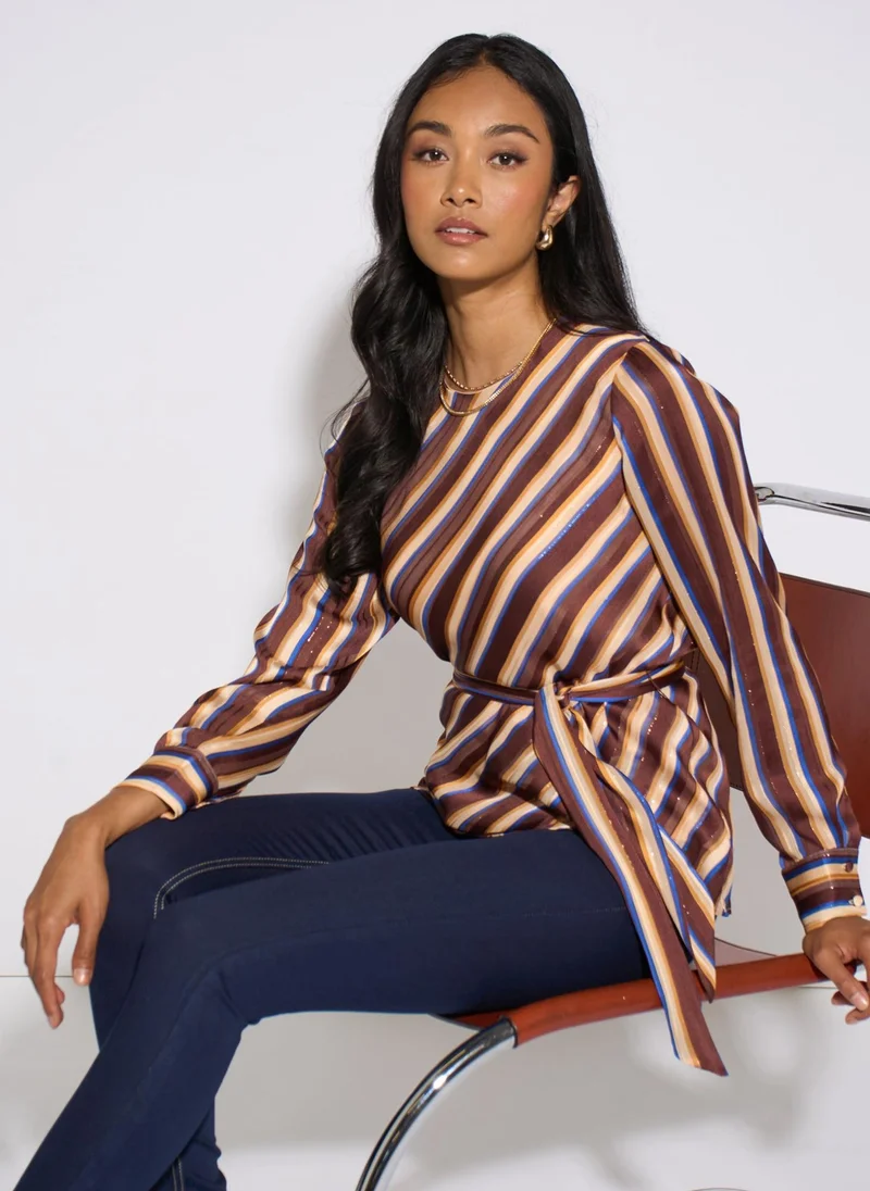 Gini London  Brown Diagonal Stripe Sparkle Belted Blouse for Women | Best Price UAE