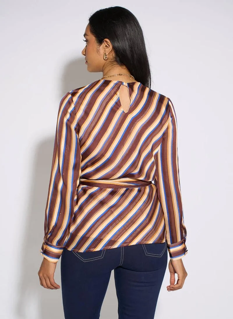 Gini London Brown Diagonal Stripe Sparkle Belted Blouse