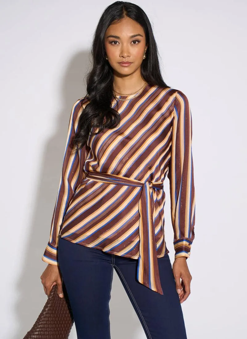 Gini London Brown Diagonal Stripe Sparkle Belted Blouse