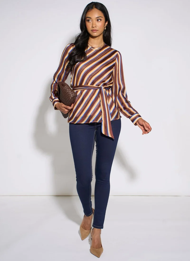 Gini London  Brown Diagonal Stripe Sparkle Belted Blouse for Women | Best Price UAE