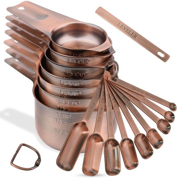 MEASURING CUPS AND SPOONS SET COPPER PLATED MEASURING CUPS SPOONS STAINLESS STEEL 7 MEASURING CUPS AND 9 MEASURING SPOONS 1 LEVELER FOR BAKING AND KITCHEN METAL COPPER MEASURE CUPSSPOONS