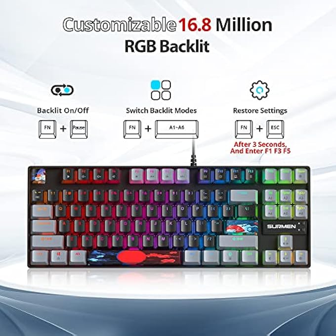 surmen 75 PERCENT MECHANICAL GAMING KEYBOARD, 87 KEYS RGB BACKLIT WIRED KEYBOARD TKL COMPACT KEYBOARD WITH LINEAR RED SWITCHES FOR LAPTOP PC PS4 PS5 XBOX GAMER(87 DARK) - Image 3