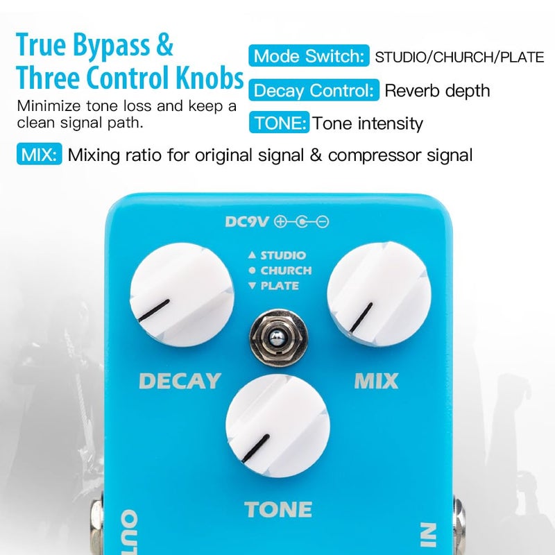 JOYO Reverb Effect Pedal Digital Guitar Pedal with 3 Reverb Effects (Studio, Church, Plate) for Electric Guitar - True Bypass (MOIST JF-20) - Image 3