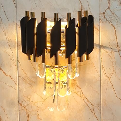 GreyWings Black Crystal Metal Wall Light – Modern Luxury Sconce with Gold Accents & Crystal Drops Elegant Decor Lamp, Pack of 1 - Image 1