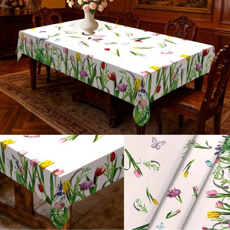 PVC Rectangular Tablecloth 54 X 70 Inches White Background Tulip Floral Butterfly Design For Picnic Festive Gatherings Room Decoration Outdoor Dining - Image 1