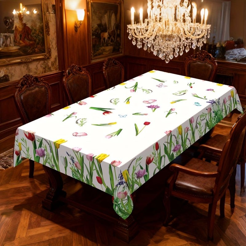 PVC Rectangular Tablecloth 54 X 70 Inches White Background Tulip Floral Butterfly Design For Picnic Festive Gatherings Room Decoration Outdoor Dining - Image 3