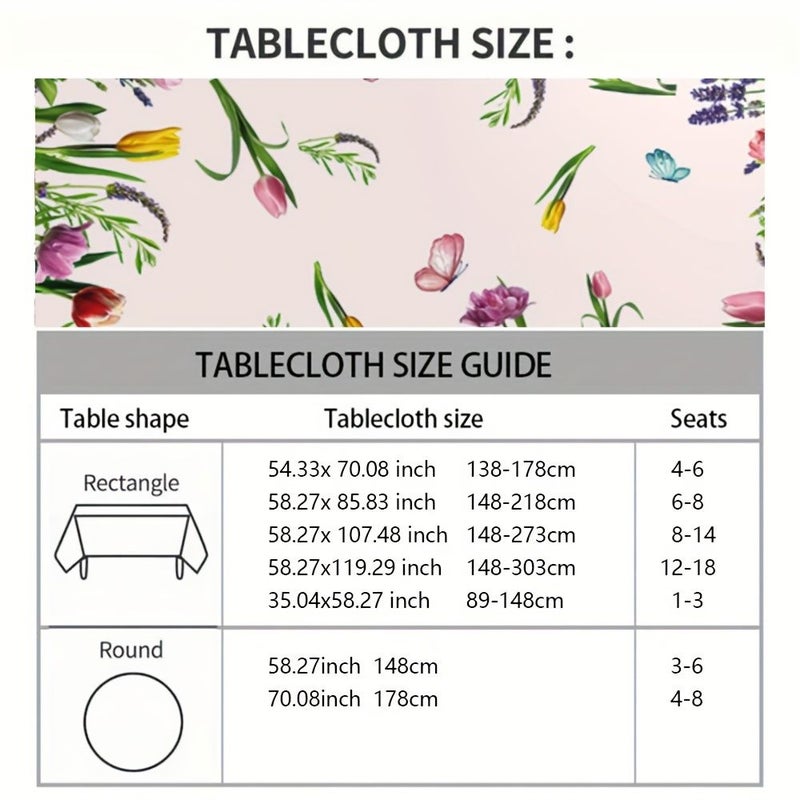 PVC Rectangular Tablecloth 54 X 70 Inches White Background Tulip Floral Butterfly Design For Picnic Festive Gatherings Room Decoration Outdoor Dining - Image 4