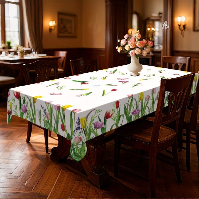 PVC Rectangular Tablecloth 54 X 70 Inches White Background Tulip Floral Butterfly Design For Picnic Festive Gatherings Room Decoration Outdoor Dining - Image 2