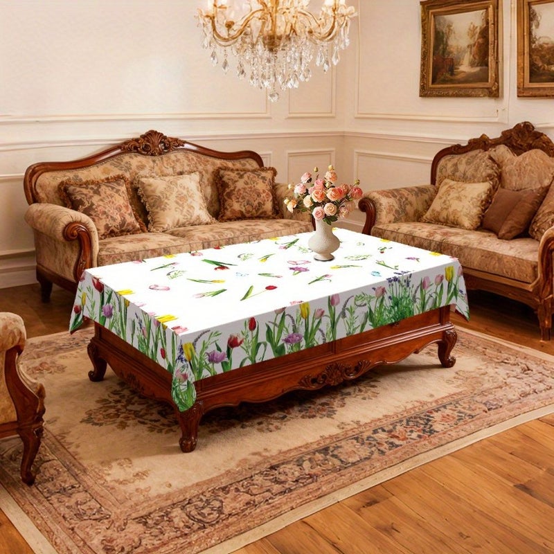PVC Rectangular Tablecloth 54 X 70 Inches White Background Tulip Floral Butterfly Design For Picnic Festive Gatherings Room Decoration Outdoor Dining - Image 5