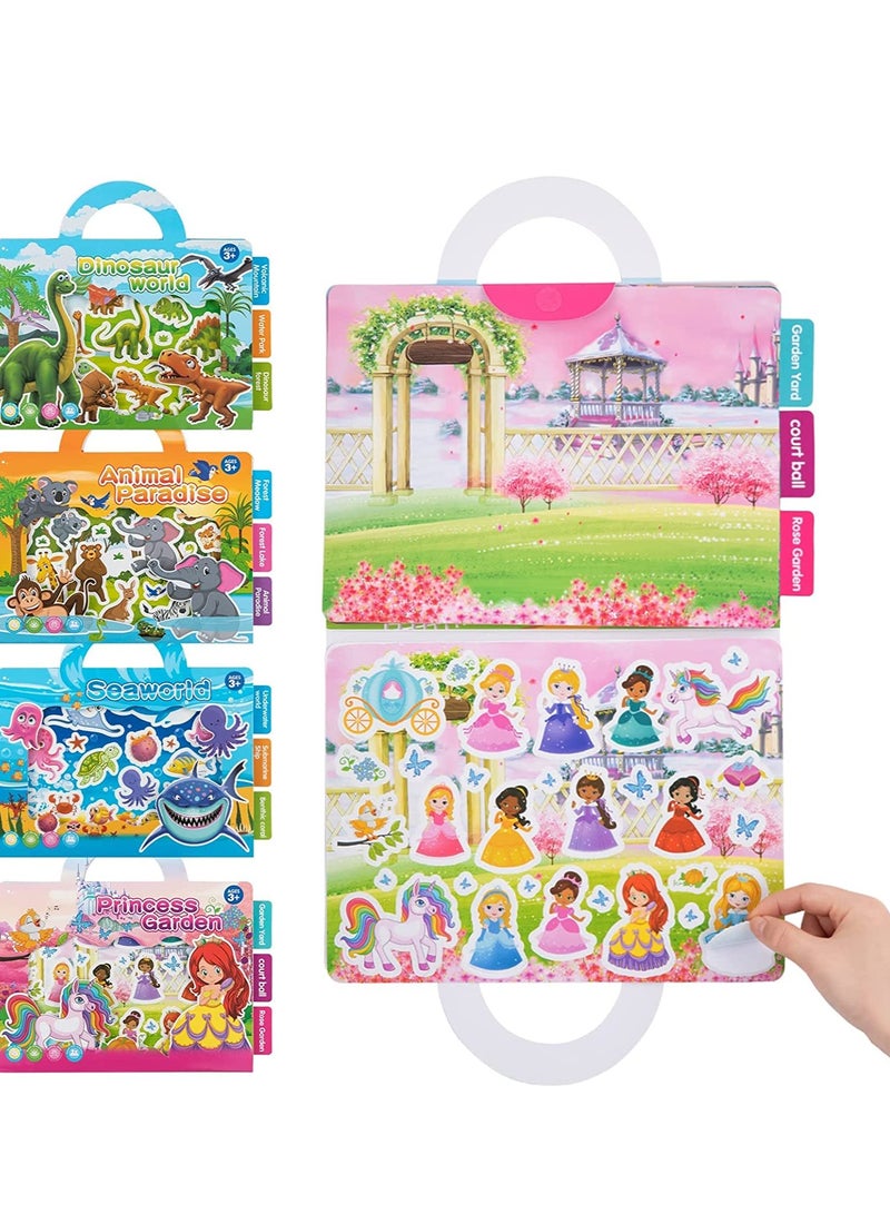 كاست ويف Reusable Sticker Books, Toddler Sticker Book Repositionable Sticker Pad for Kids Ages 2-4, 4 Sets Window Stickers Educational Toys Include Princess Garden Sea World Dinosaur World Animal Paradise - Image 1