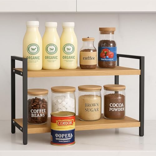Decorlay Kitchen Countertop Storage Organizer Laminated Board with Metallic Frame, Space-Saving Rack for Spice Bottles & Condiments | Beech & Black | Pack of 1 - Image 1