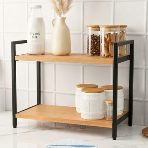 Decorlay Kitchen Countertop Storage Organizer Laminated Board with Metallic Frame, Space-Saving Rack for Spice Bottles & Condiments | Beech & Black | Pack of 1 - Image 2