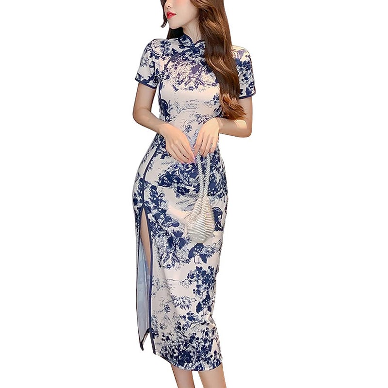 StarDY Women's Modern Cheongsam Maxi Dress Floral Print Short Sleeve Slim Fit Ankle Length Bodycon Qipao Tradtional Chinese Dress (Blue, L) - Image 1