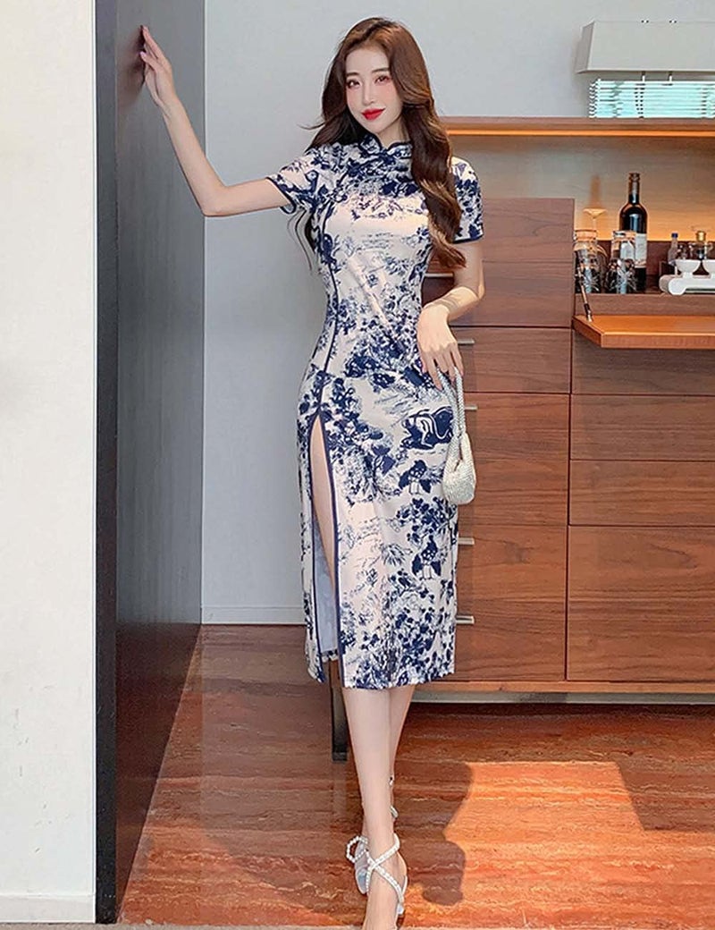 StarDY Women's Modern Cheongsam Maxi Dress Floral Print Short Sleeve Slim Fit Ankle Length Bodycon Qipao Tradtional Chinese Dress (Blue, L) - Image 2