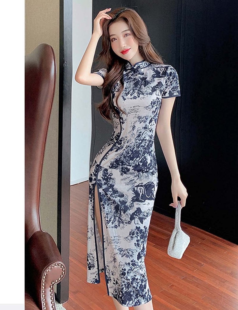 StarDY Women's Modern Cheongsam Maxi Dress Floral Print Short Sleeve Slim Fit Ankle Length Bodycon Qipao Tradtional Chinese Dress (Blue, L) - Image 5