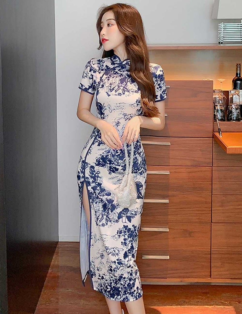 StarDY Women's Modern Cheongsam Maxi Dress Floral Print Short Sleeve Slim Fit Ankle Length Bodycon Qipao Tradtional Chinese Dress (Blue, L) - Image 3