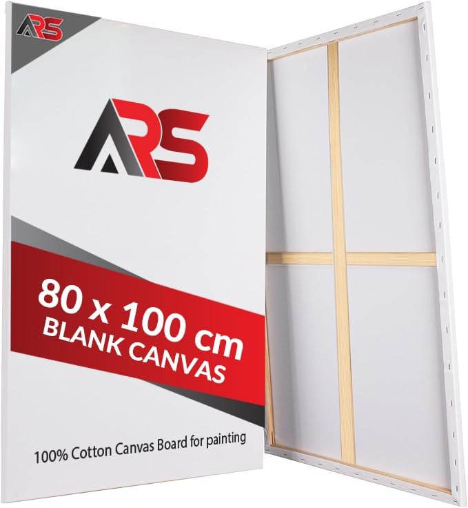اي ار اس لوحة قماشية بيضاء فارغة (Canvas) مشدودة، مصنوعة من القطن الأبيض، مناسبة للرسم بتقنيات متعددة (مثل سكب الأكريليك والألوان الزيتية والوسائط الجافة والرطبة). تتميز اللوحة بحجم كبير وإطار متين من خشب MDF، وتُعد سطحاً فنياً احترافياً بمقاس 80×100 سم. - Image 1
