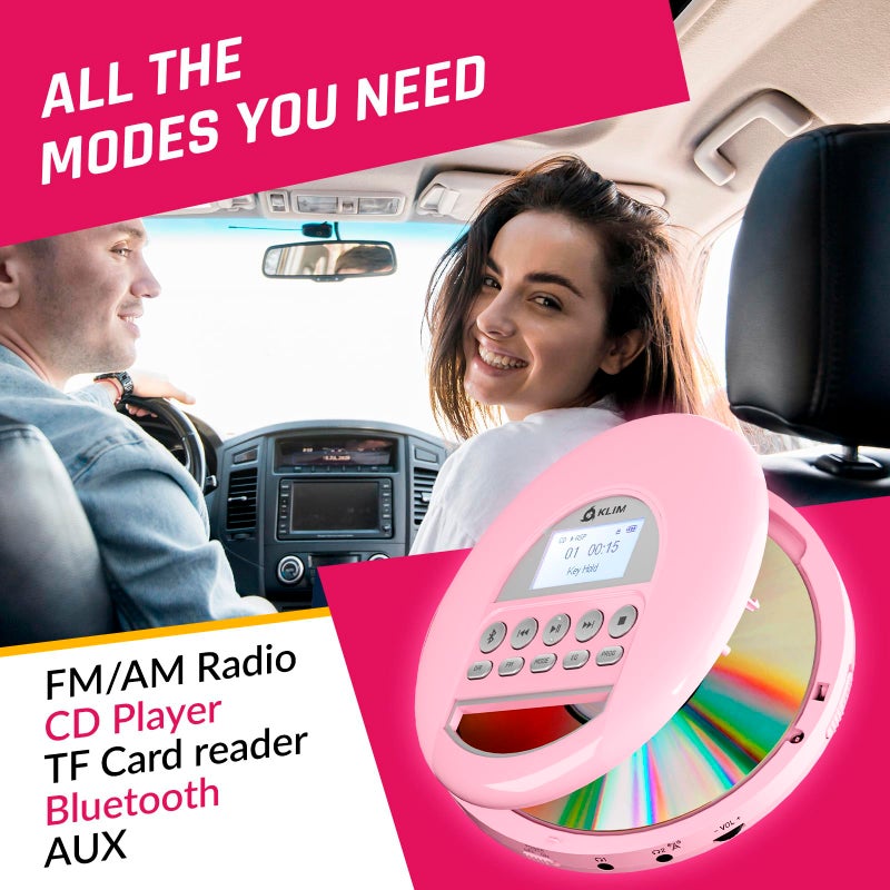 KLIM Nomad - Portable CD Player with Long-Lasting Battery - with Headphones - Radio FM - Compatible MP3 CD Player Portable - TF Card Radio FM Bluetooth - Ideal for Cars (Pink) - Image 3