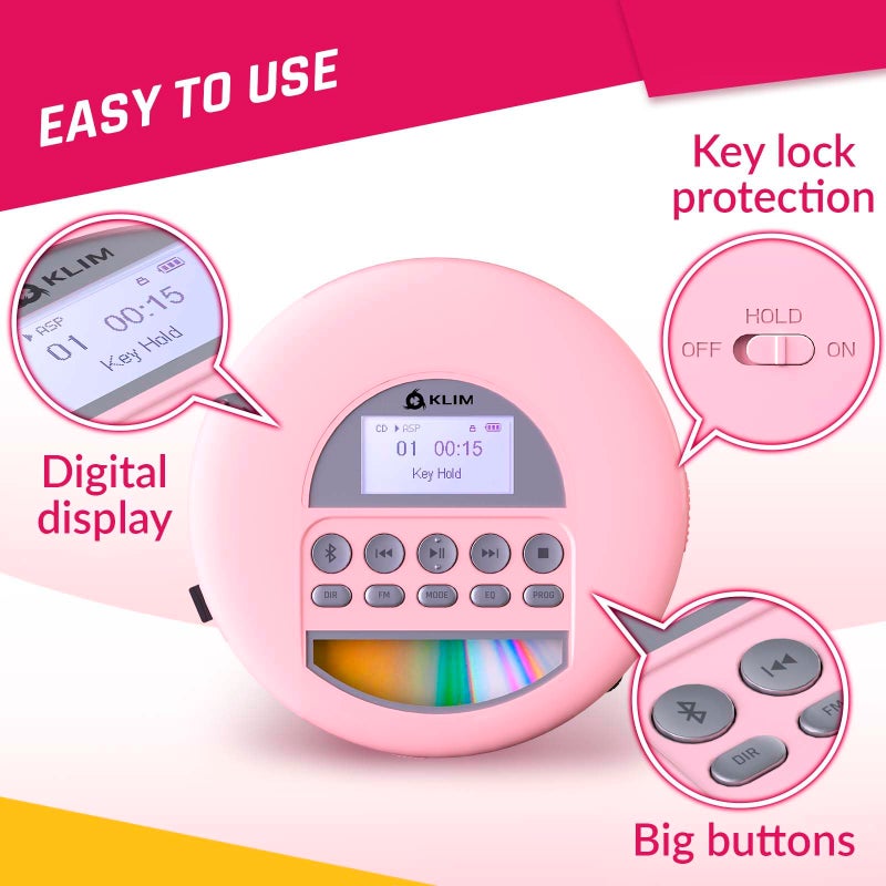 KLIM Nomad - Portable CD Player with Long-Lasting Battery - with Headphones - Radio FM - Compatible MP3 CD Player Portable - TF Card Radio FM Bluetooth - Ideal for Cars (Pink) - Image 4