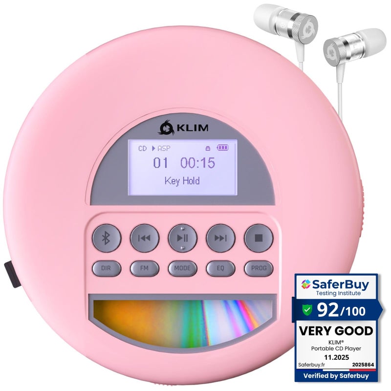 KLIM Nomad - Portable CD Player with Long-Lasting Battery - with Headphones - Radio FM - Compatible MP3 CD Player Portable - TF Card Radio FM Bluetooth - Ideal for Cars (Pink) - Image 1
