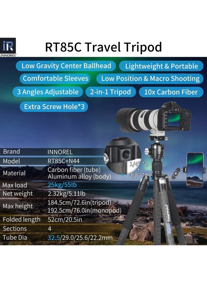 Innorel Carbon Fiber Tripod-INNOREL RT85C Super Professional Tripod Monopod Heavy Duty Stand Support Low Gravity Center 360°Panoramic ballhead for Digital DSLR Camera Black - Image 2
