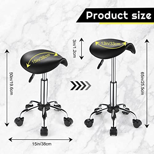 FNZIR Saddle Rolling Stool with Wheels PU Leather Height Adjustable Swivel Stool Chair Black - Image 2