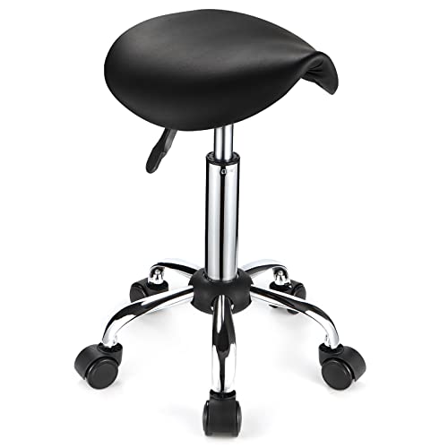 FNZIR Saddle Rolling Stool with Wheels PU Leather Height Adjustable Swivel Stool Chair Black - Image 1