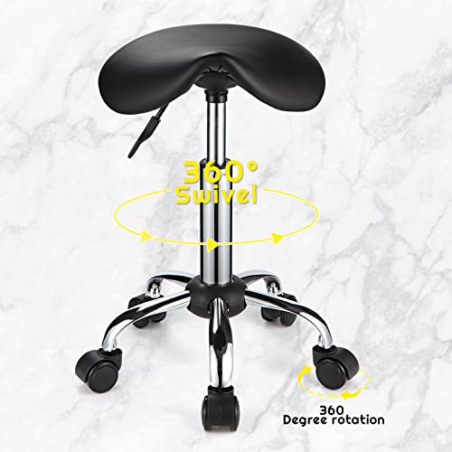 FNZIR Saddle Rolling Stool with Wheels PU Leather Height Adjustable Swivel Stool Chair Black - Image 4