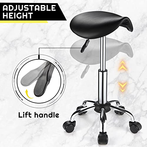 FNZIR Saddle Rolling Stool with Wheels PU Leather Height Adjustable Swivel Stool Chair Black - Image 3