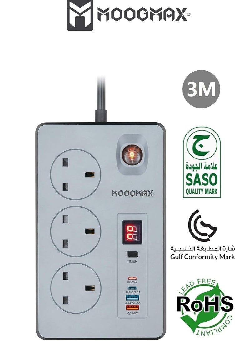 موجماكس توصيلة كهربائية مونكا بثلاث أفياش (مقابس) كهربائية بقوة 2990 واط ومزودة بأثنين منافذ تايب سي ندعم الشحن السريع حتى 20واط و أثنين منافذ يو اس بي (USB-A) متوافقة مع اغلب الأجهزة، وصله كهربائية مزودة بمؤقت للأطفاء التلقائي (لكل منافذ المشترك الكهربائي) ومزودة بزر تشغيل، وصلة كهربائية أمنه ضد الحرائق حتى 750 درجة مئوية معتمد وحاصلة على شهادة الجودة والأمان (SASO و شهادة المطابقة الخليجية GCC و شهادة RoHS). بطول 3 متر .من موجماكس  - Image 2