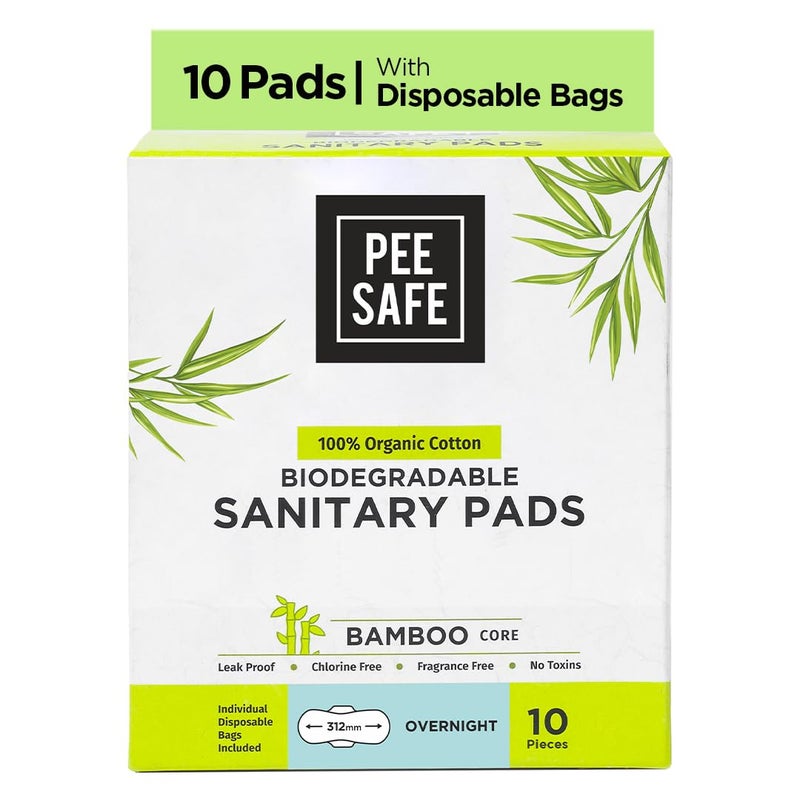 Pee Safe Biodegradable Overnight Sanitary Pads - Organic Cotton & Bamboo Pulp (Pack of 10) | Biodegradable Disposable Bags - Image 1