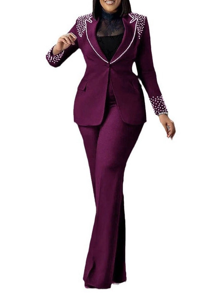 Shougu Pearl Long Sleeved Slim Fit Elastic Suit Two-piece Set - Image 1