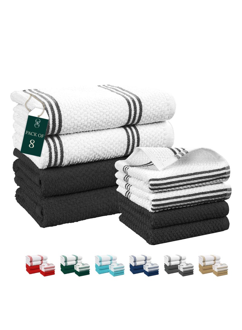 كلاود سكيب لينين Terry Kitchen Towel and Dish Cloth Set-Pack of 8,Super Absorbent, Quick Drying Hand Towels, Black  - Image 1