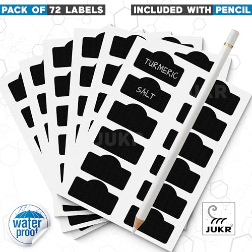JUKR Self Adhesive (72 PCS) Black Vinyl Chalkboard Kitchen Pantry Stickers for Ceramic Masala Jars Herbs Boxes Containers Canisters Glass Bottles Multifunctional Naming Labels with Pencil 60 mm - Image 2