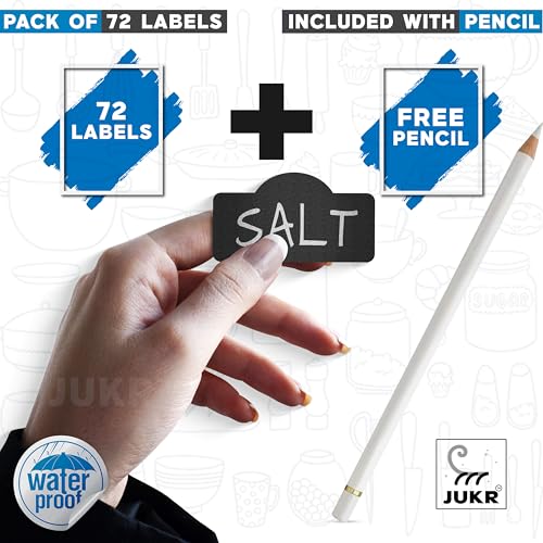 JUKR Self Adhesive (72 PCS) Black Vinyl Chalkboard Kitchen Pantry Stickers for Ceramic Masala Jars Herbs Boxes Containers Canisters Glass Bottles Multifunctional Naming Labels with Pencil 60 mm - Image 3