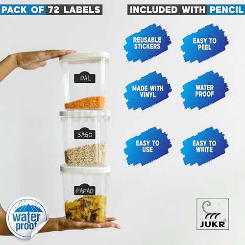 JUKR Self Adhesive (72 PCS) Black Vinyl Chalkboard Kitchen Pantry Stickers for Ceramic Masala Jars Herbs Boxes Containers Canisters Glass Bottles Multifunctional Naming Labels with Pencil 60 mm - Image 5